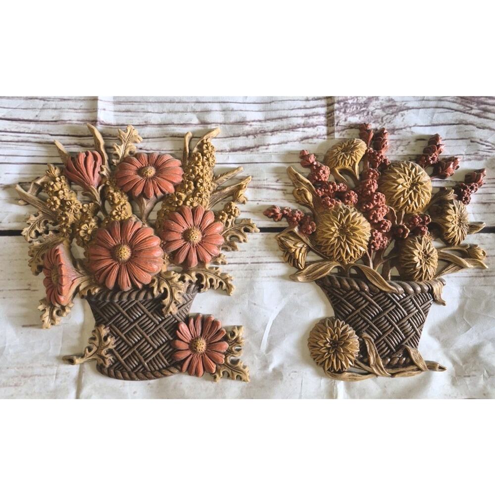 Vintage Burwood Products Autumn Harvest Flower Basket Wall Hanging Plaques Set 2